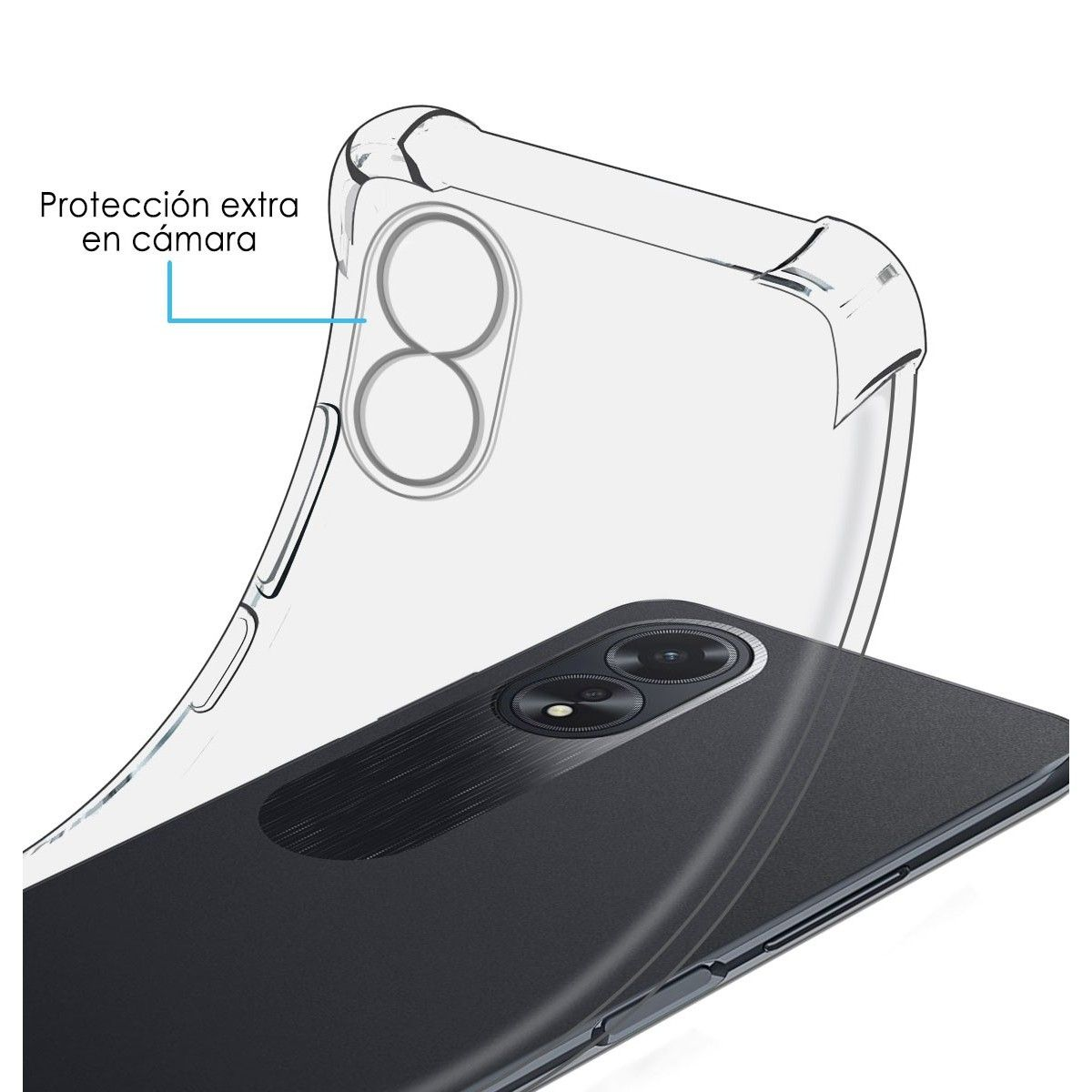Una custodia trasparente per telefono sopra un telefono nero. La custodia ha una protezione extra per le lenti della fotocamera.