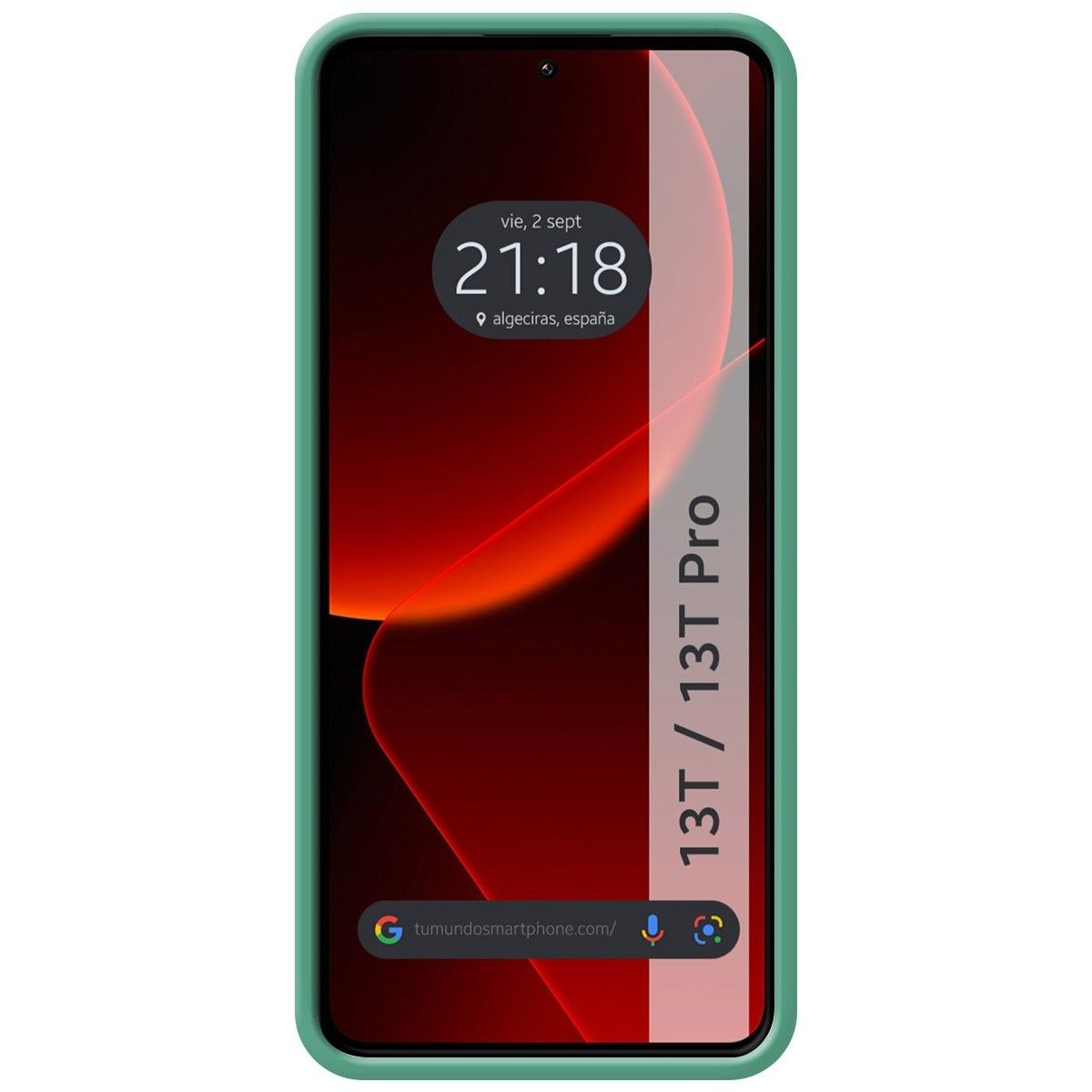 Schermo del telefono con una sfumatura rossa e arancione. Il telefono è in una custodia verde.