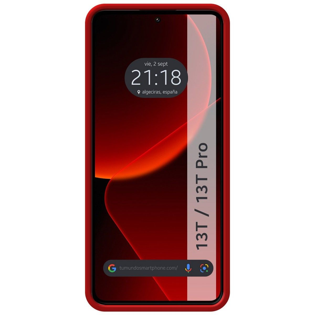 Telefono in custodia rossa, mostra l'ora, la data e le icone delle app. Sfondo bianco.