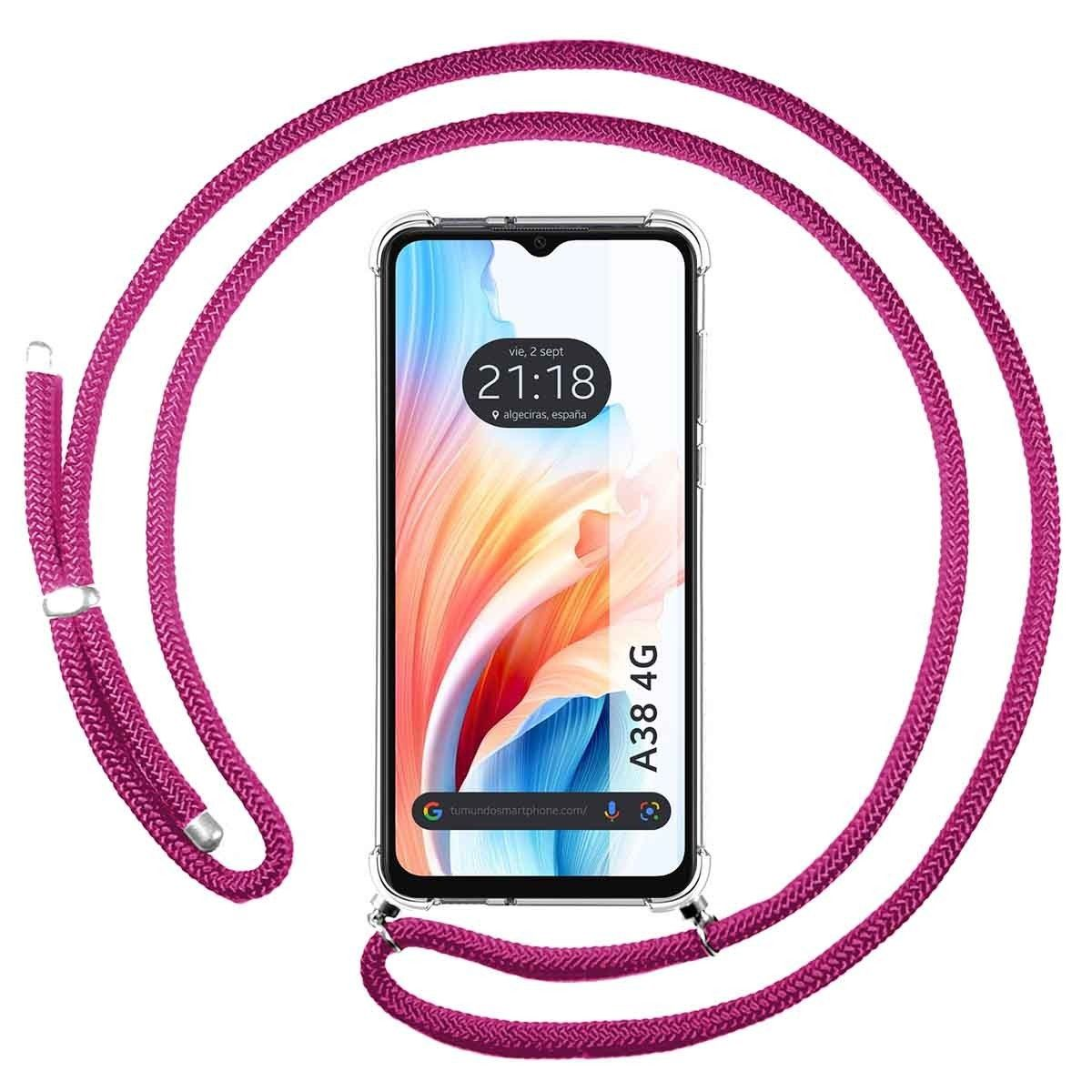 Un teléfono con correa rosa. El teléfono tiene una pantalla y una funda transparente. La pantalla muestra la fecha y la hora.