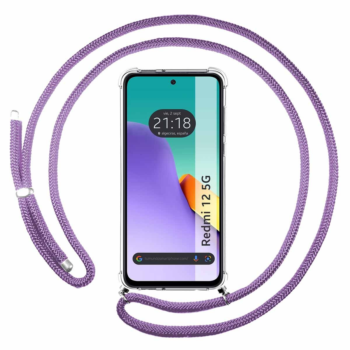 Un telefono con cinturino viola, ora visualizzata. Il telefono è in una custodia trasparente.