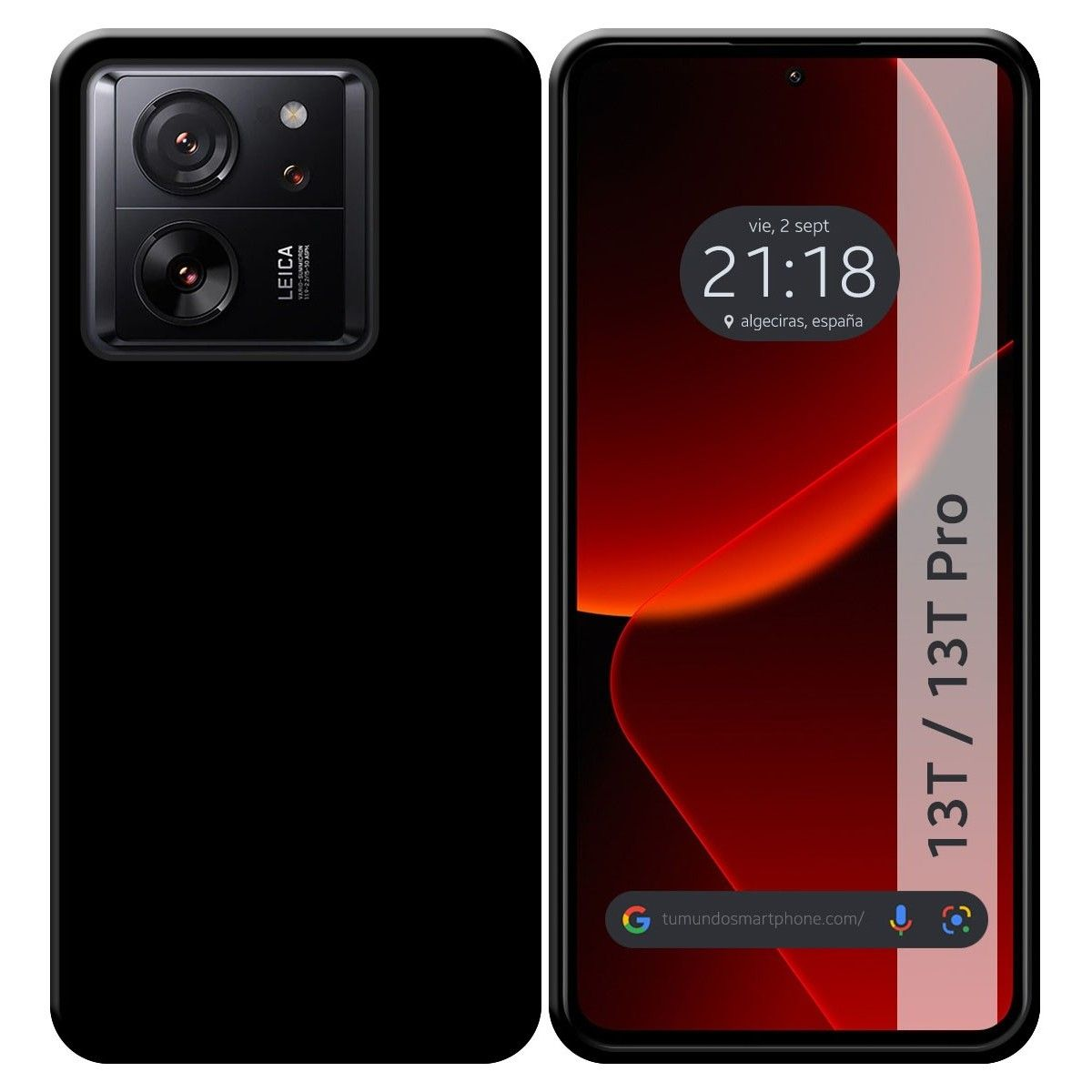 Custodia nera con telefono che mostra un design rosso. Sfondo bianco.