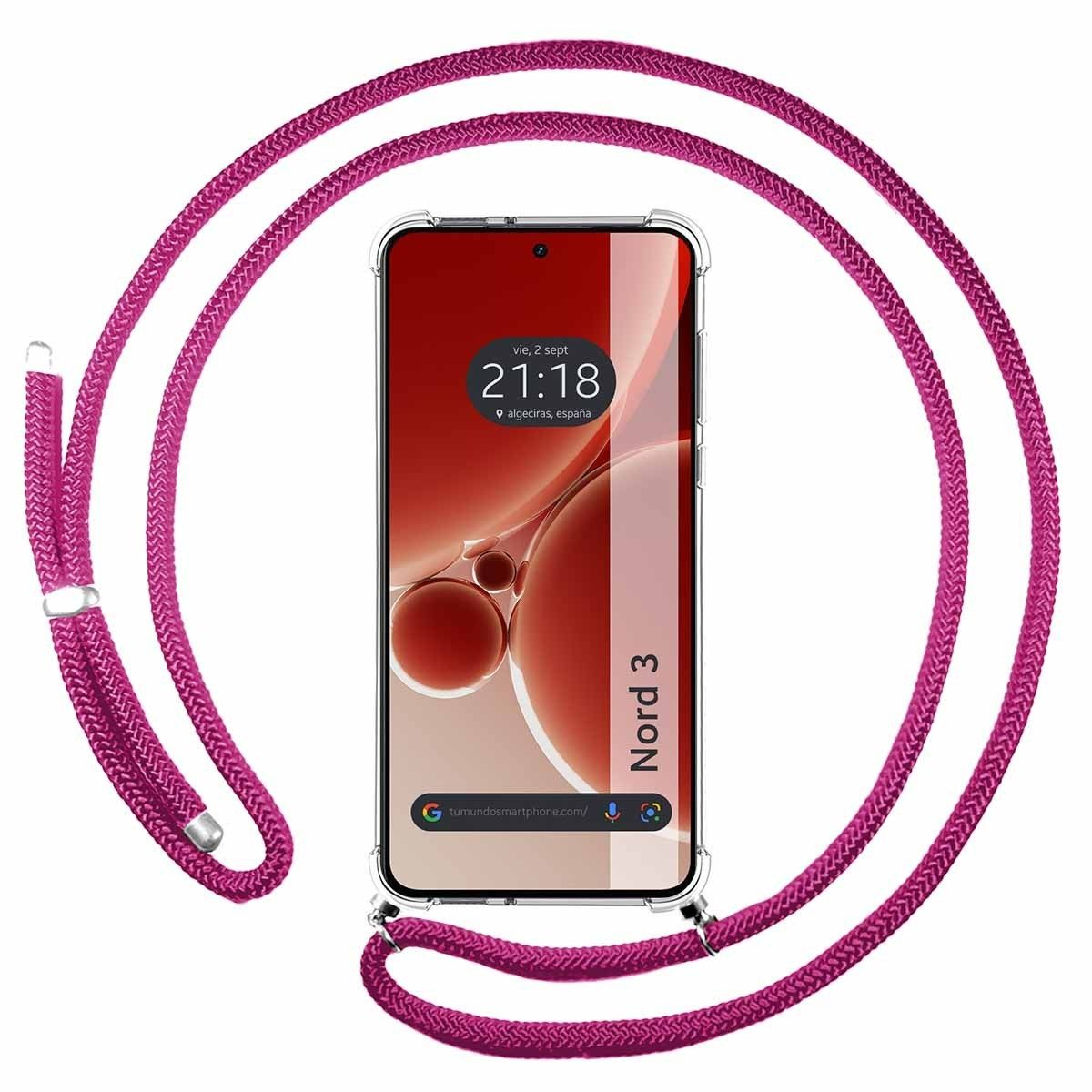 Telefono con corda rosa, visualizzazione dell'ora e nome del telefono.
