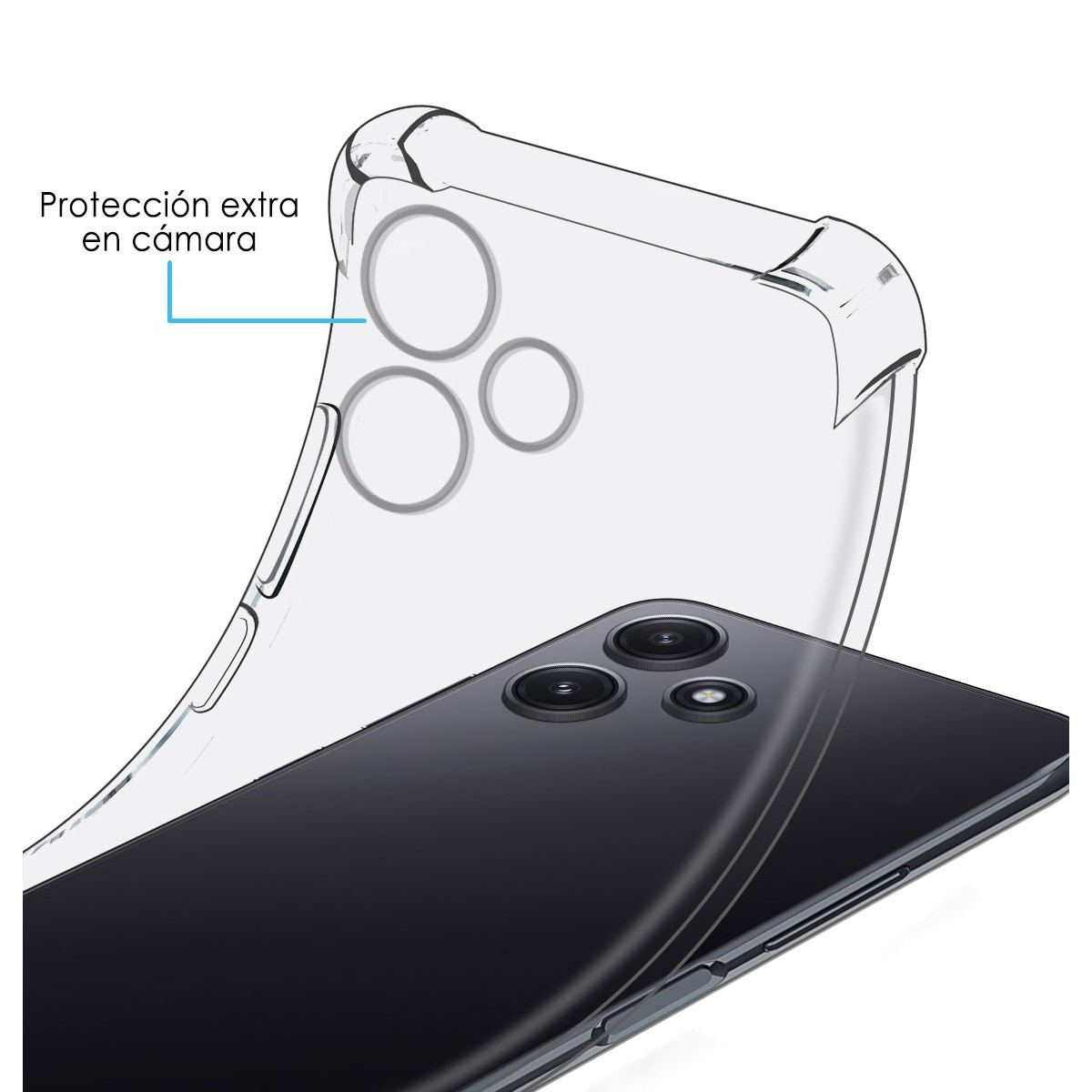 La custodia trasparente del telefono con la fotocamera. La custodia è trasparente e protegge la fotocamera.