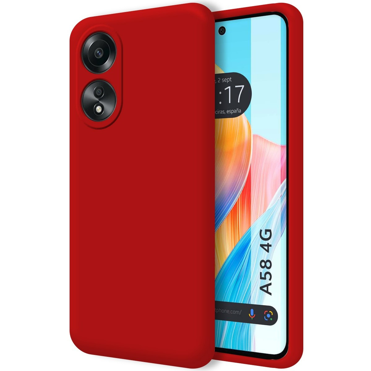 Custodia per telefono, colore rosso, con due fotocamere. Telefono con schermo che mostra un'interfaccia in rosso. Sfondo bianco.