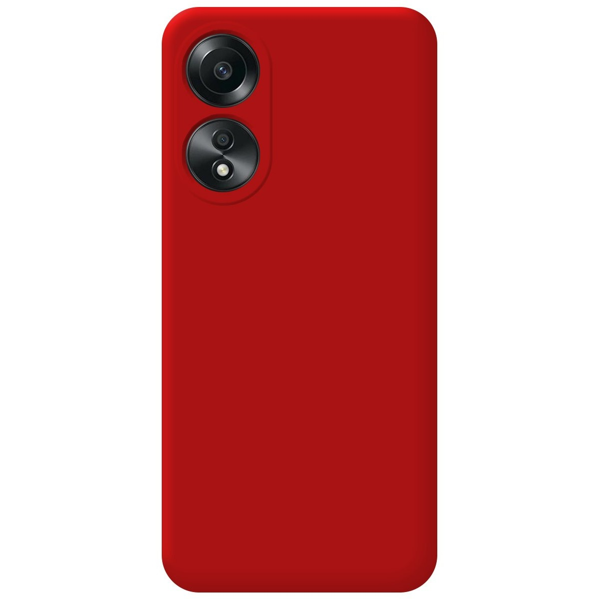Una custodia per telefono rossa con un modulo fotocamera in alto a sinistra. Lo sfondo è bianco.