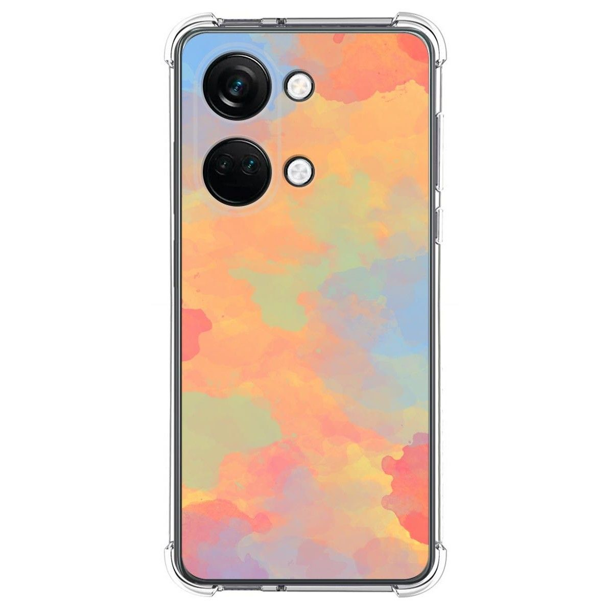 Funda para teléfono con diseño de acuarela colorida. La funda tiene múltiples lentes de cámara.