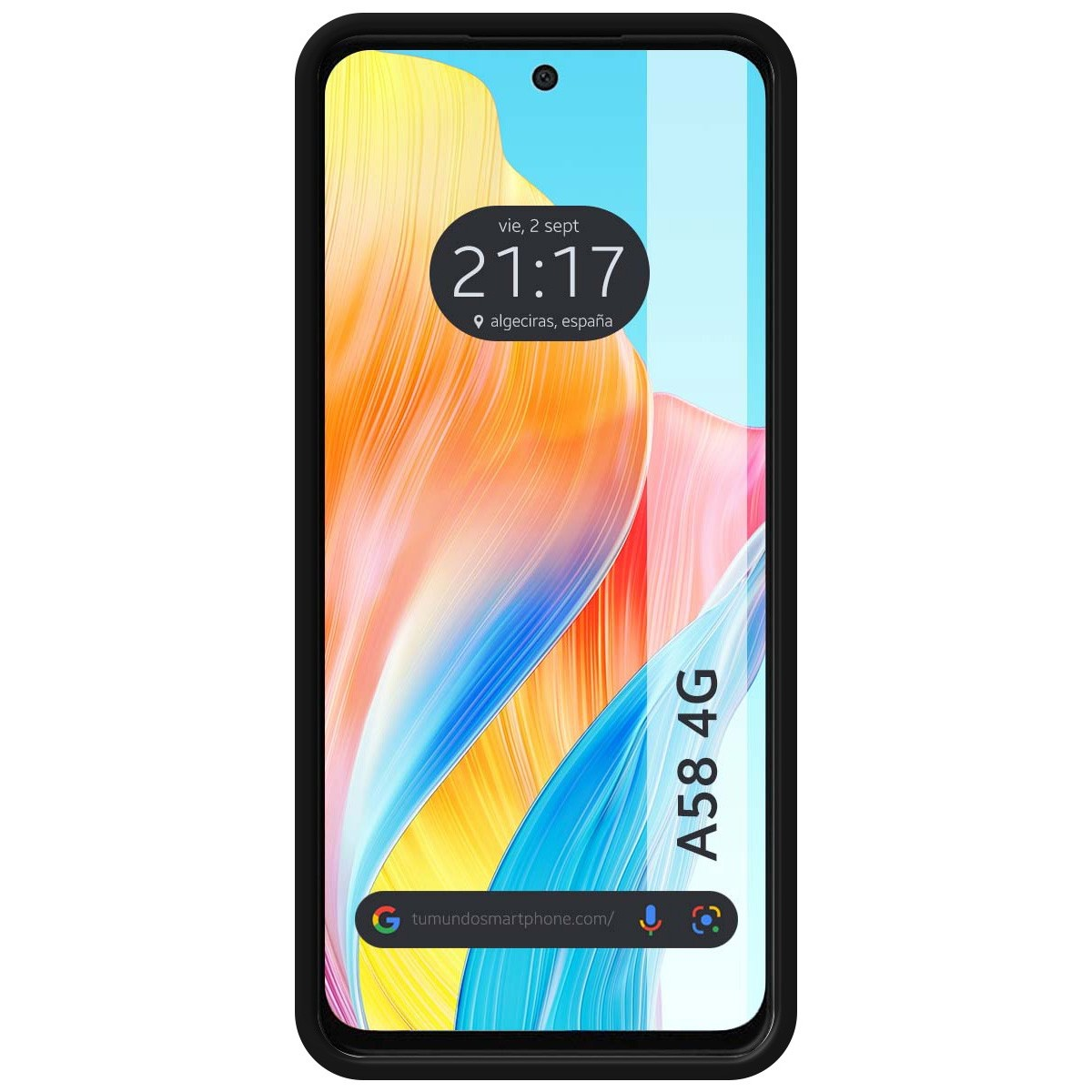 Uno smartphone con cornice nera. Lo schermo mostra l'ora e la data. Lo sfondo è una sfumatura.