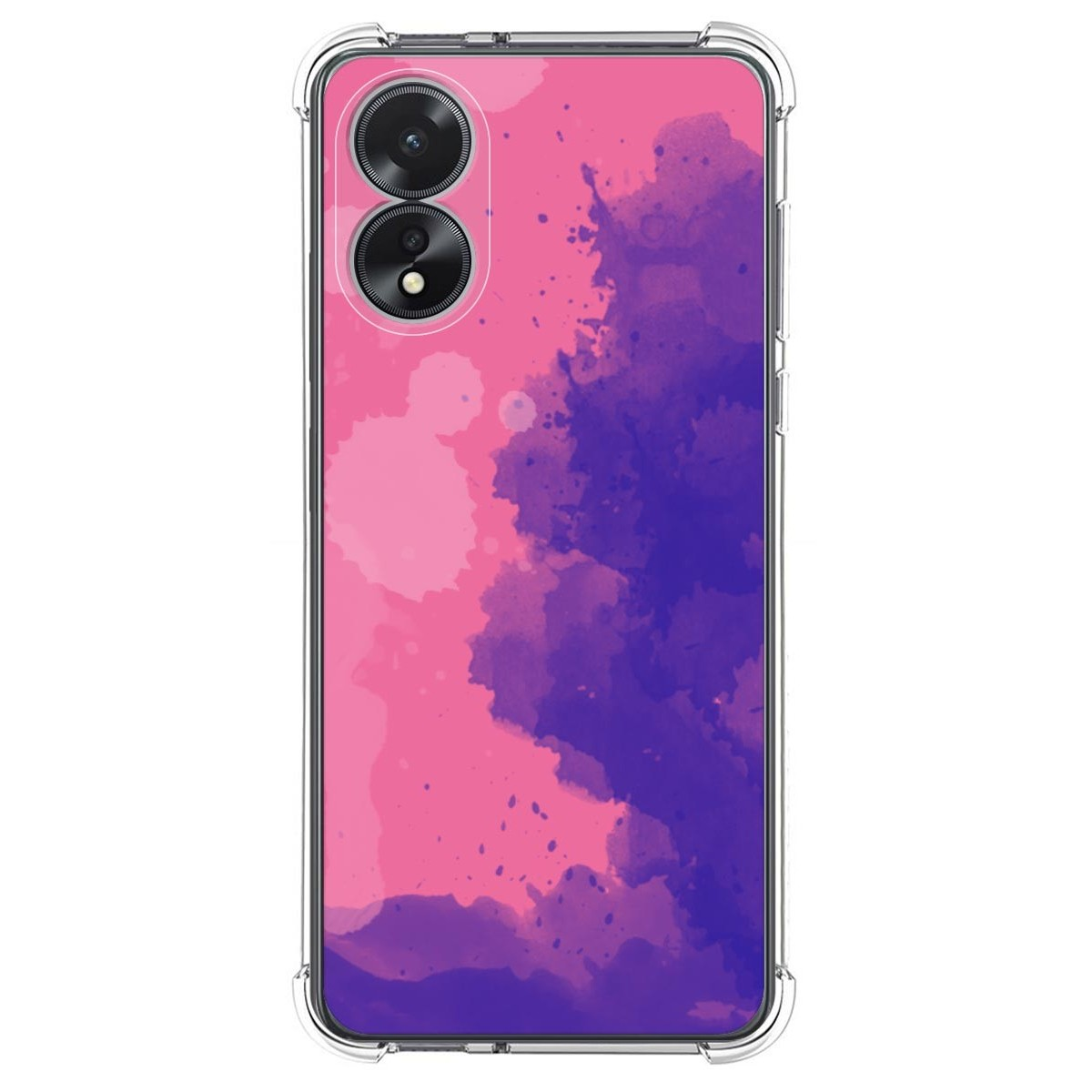 Funda de teléfono con un diseño de acuarela rosa y morado.