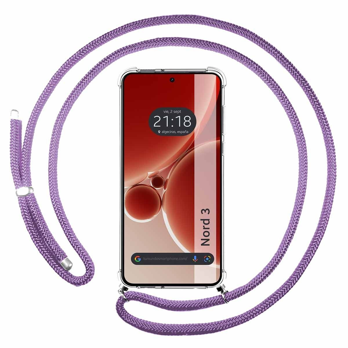 Cinturino per telefono con cordino viola con un telefono che mostra l'ora ad Algeciras, Spagna. Nord 3.