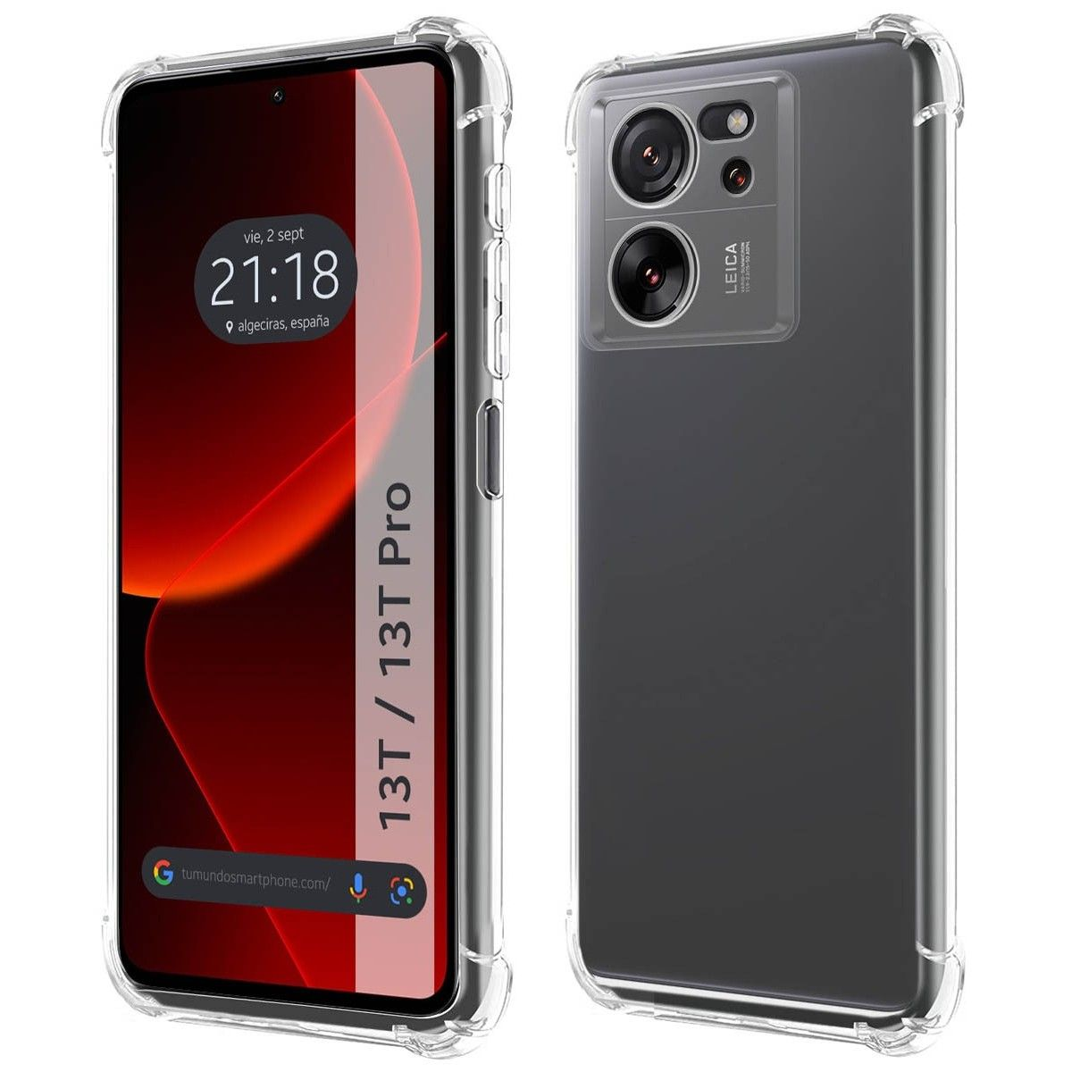 Telefono in custodia trasparente, a destra schermo con data e ora, sfondo arancione