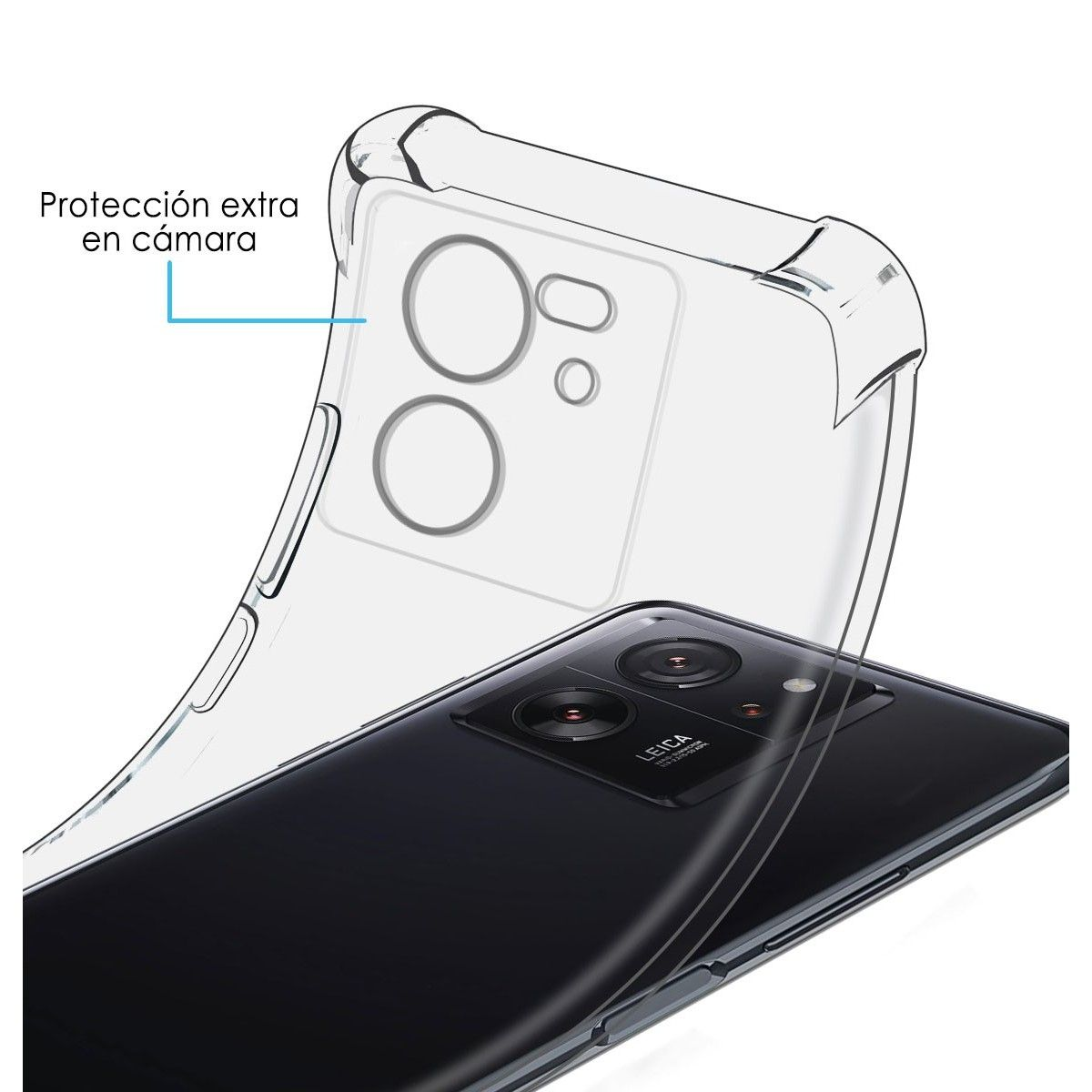 Telefono con custodia, la custodia ha una protezione extra per la fotocamera.
