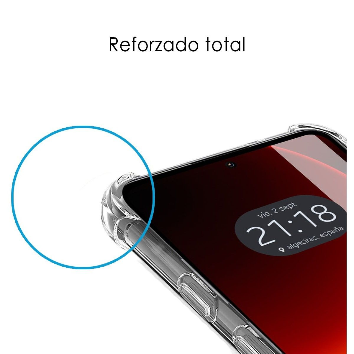 Custodia trasparente su telefono rosso. Scritta 'Reforzado total' sopra.
