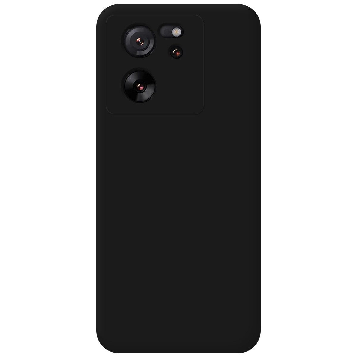 Una custodia per telefono nera con un rilievo per la fotocamera, che mostra due fotocamere e un flash.