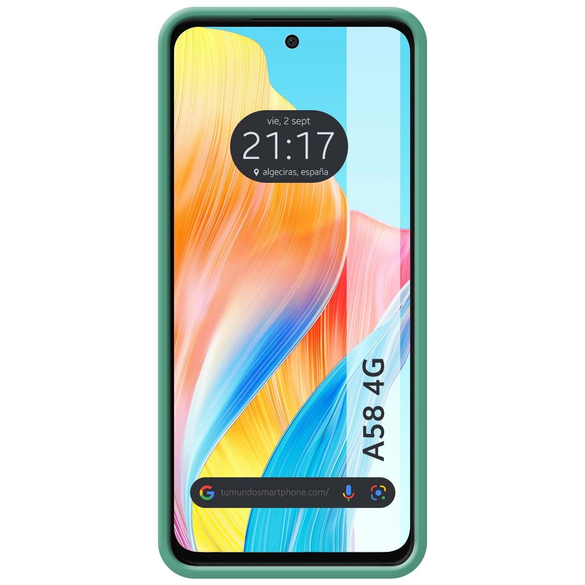 Un telefono verde con uno schermo che mostra l'ora e la posizione.