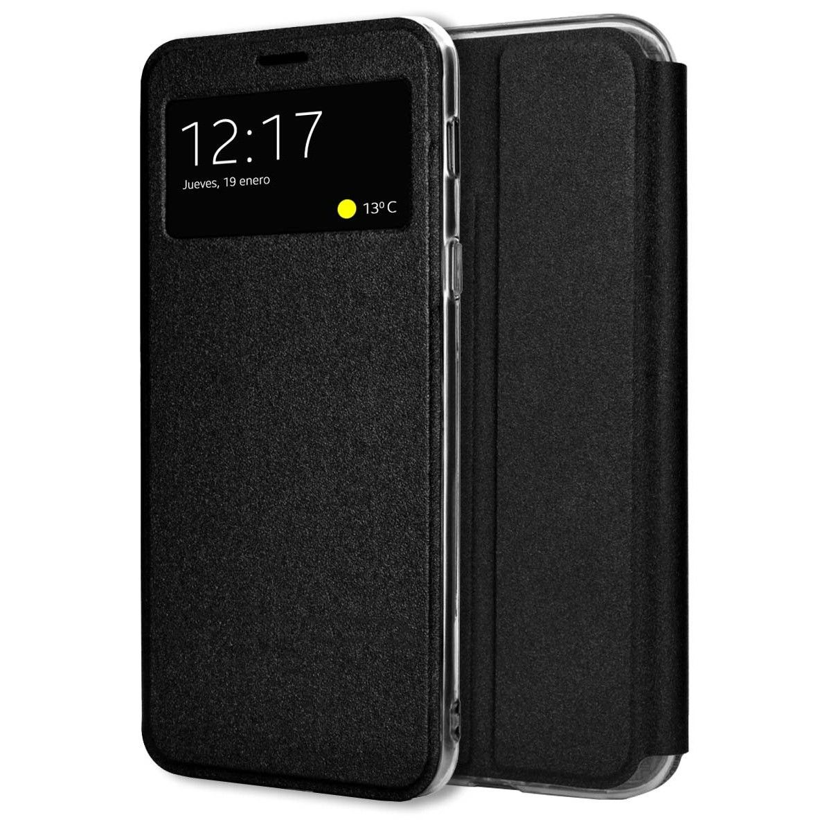 Funda de teléfono negra con pantalla, que muestra la fecha, hora y temperatura.