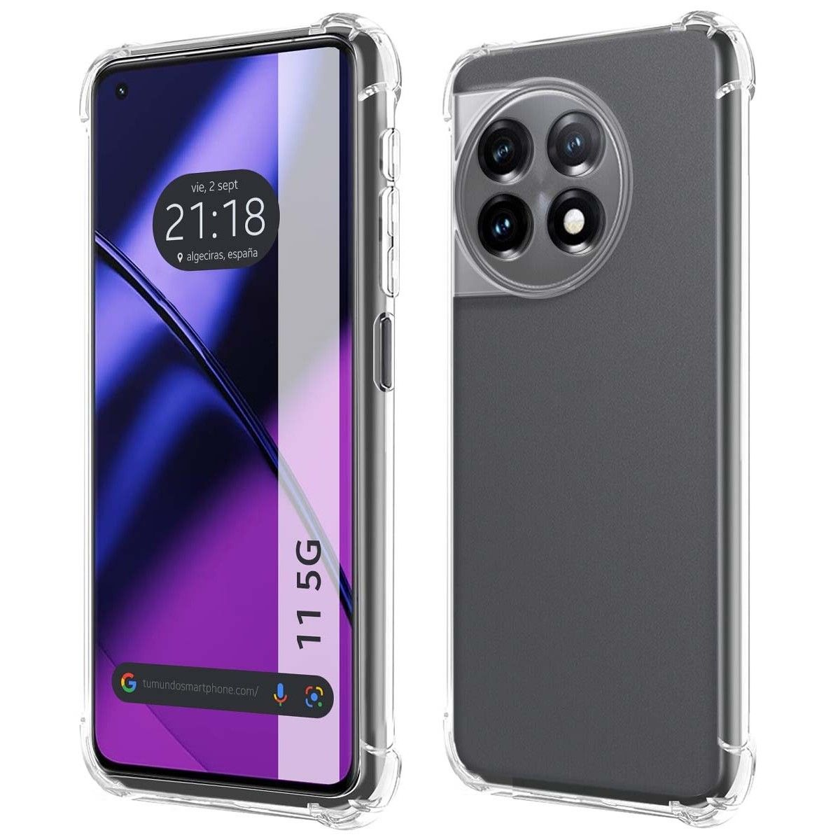 Un teléfono en una funda transparente con una pantalla que muestra la hora y un teléfono con la parte trasera.