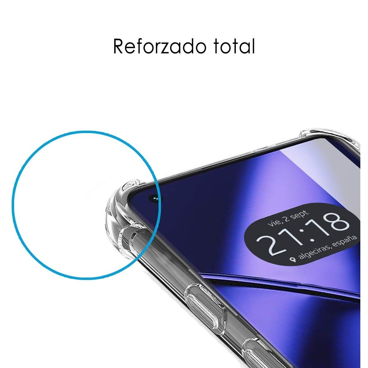 Un teléfono con una funda protectora. La funda tiene un círculo azul y el texto "Reforzado total".