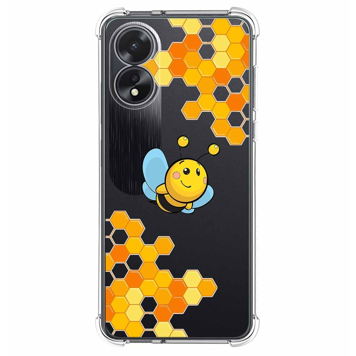 Un teléfono con un diseño de abeja y panal. El fondo es negro. La abeja es amarilla y negra.