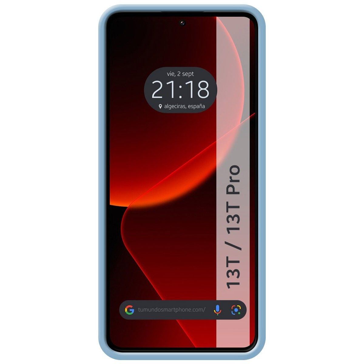 Telefono con design rosso e arancione e custodia blu.