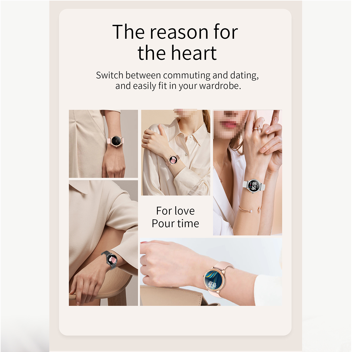 Mehrere Bilder von Smartwatches an Handgelenken, mit Text über Herzgesundheit, Pendeln und Dating.