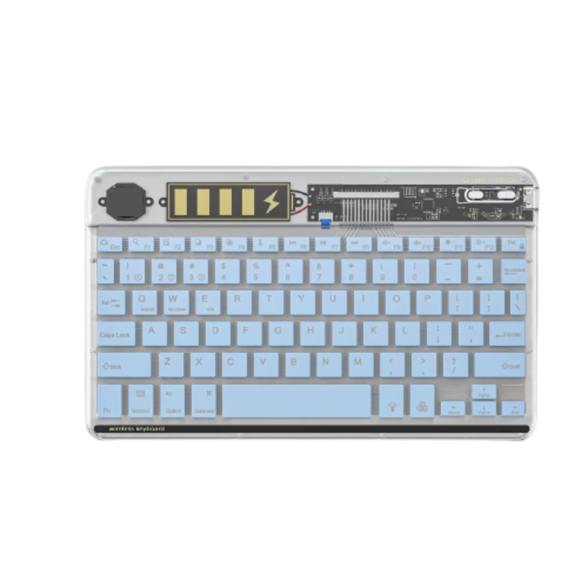 Transparente kabellose Tastatur mit hellblauen Tasten und sichtbaren internen Komponenten.