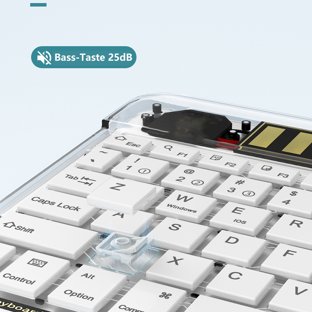 Nahaufnahme von weißen Tastaturtasten. Text und Symbole sichtbar. Transparente Abdeckung.