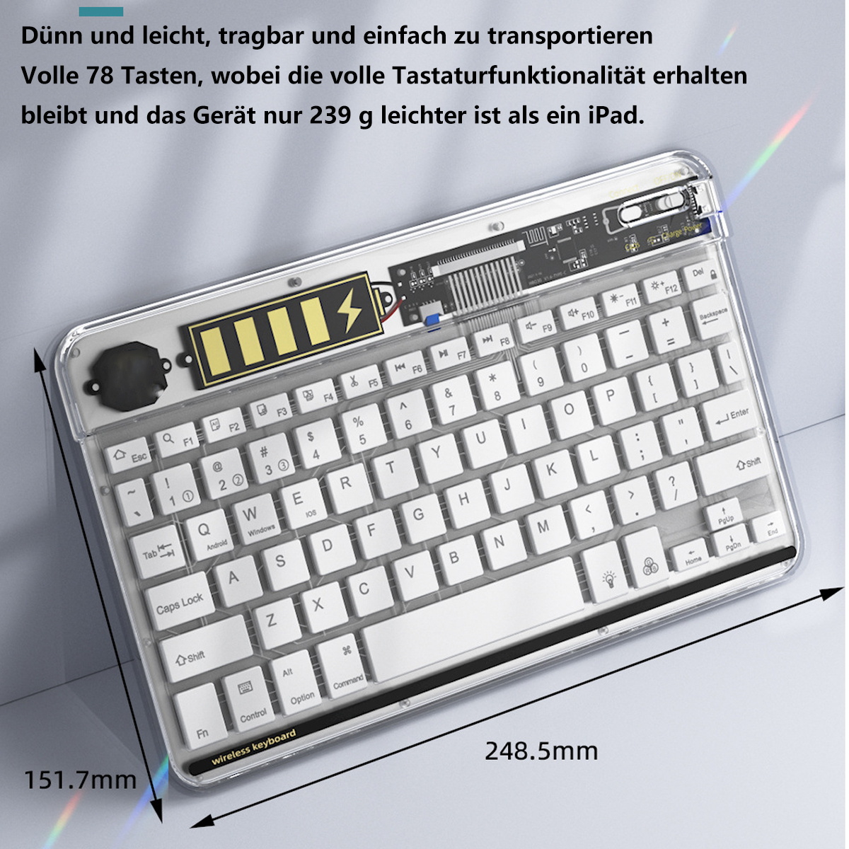Transparente Tastatur mit Tasten und Akkusymbol. Inklusive Abmessungen. Weißer Hintergrund.