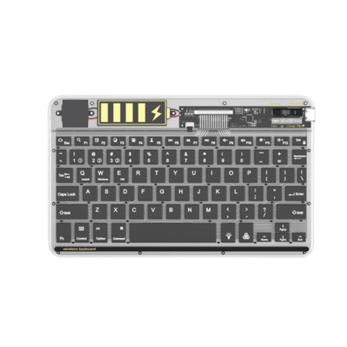 Zerlegte Tastatur mit Batteriestandsanzeige. Die Komponenten und Schaltkreise sind sichtbar.