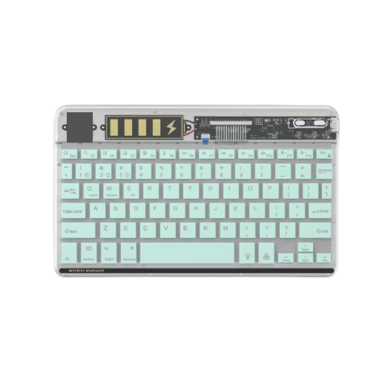 Eine transparente Tastatur mit sichtbaren internen Komponenten und weißem Hintergrund.