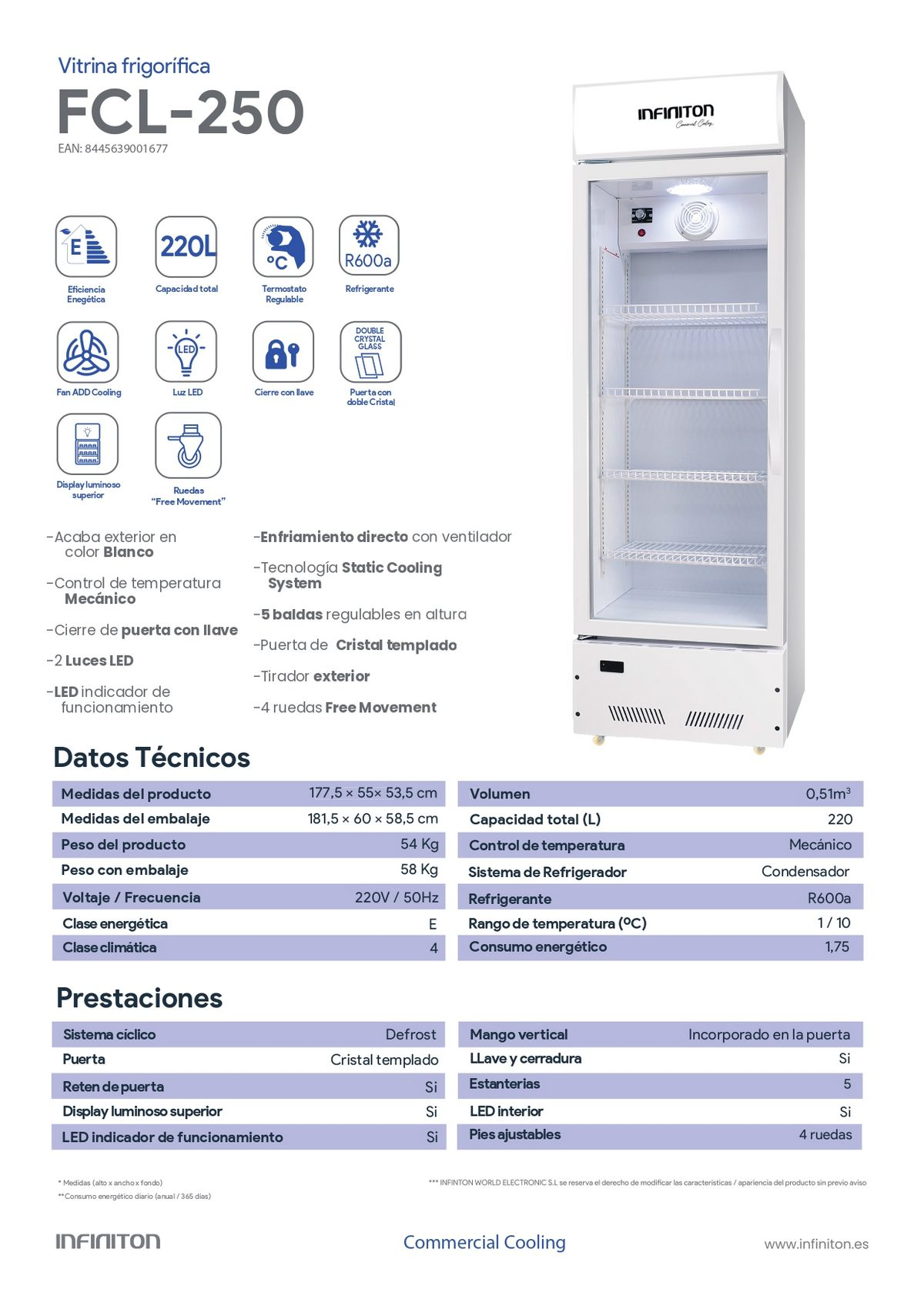 Refrigerador blanco con especificaciones: capacidad 220L, con estantes y puerta.