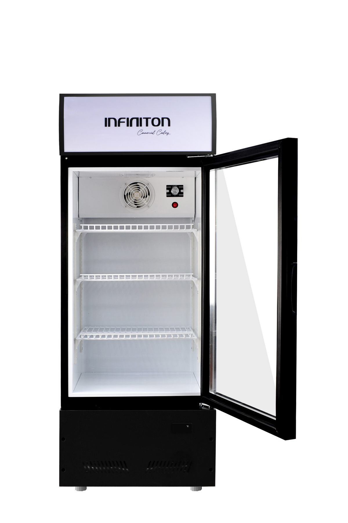 Nevera comercial negra con puerta de vidrio abierta, interior blanco y estantes.