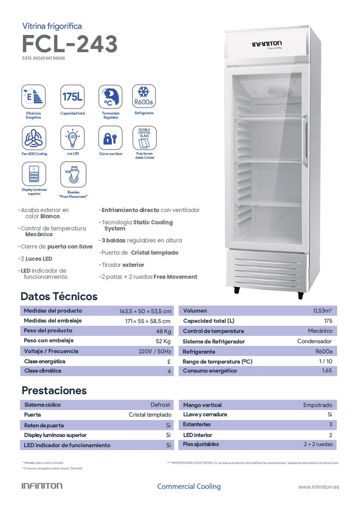 Refrigerador blanco con puerta de vidrio. Texto y especificaciones impresos arriba a la izquierda.