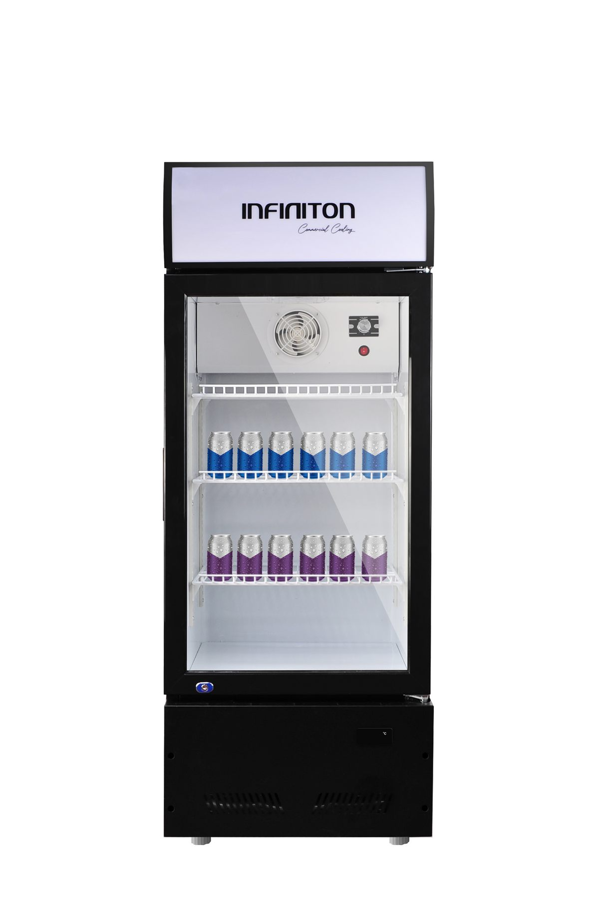 Un refrigerador comercial negro con puertas de vidrio transparente y la palabra INFINITON arriba.