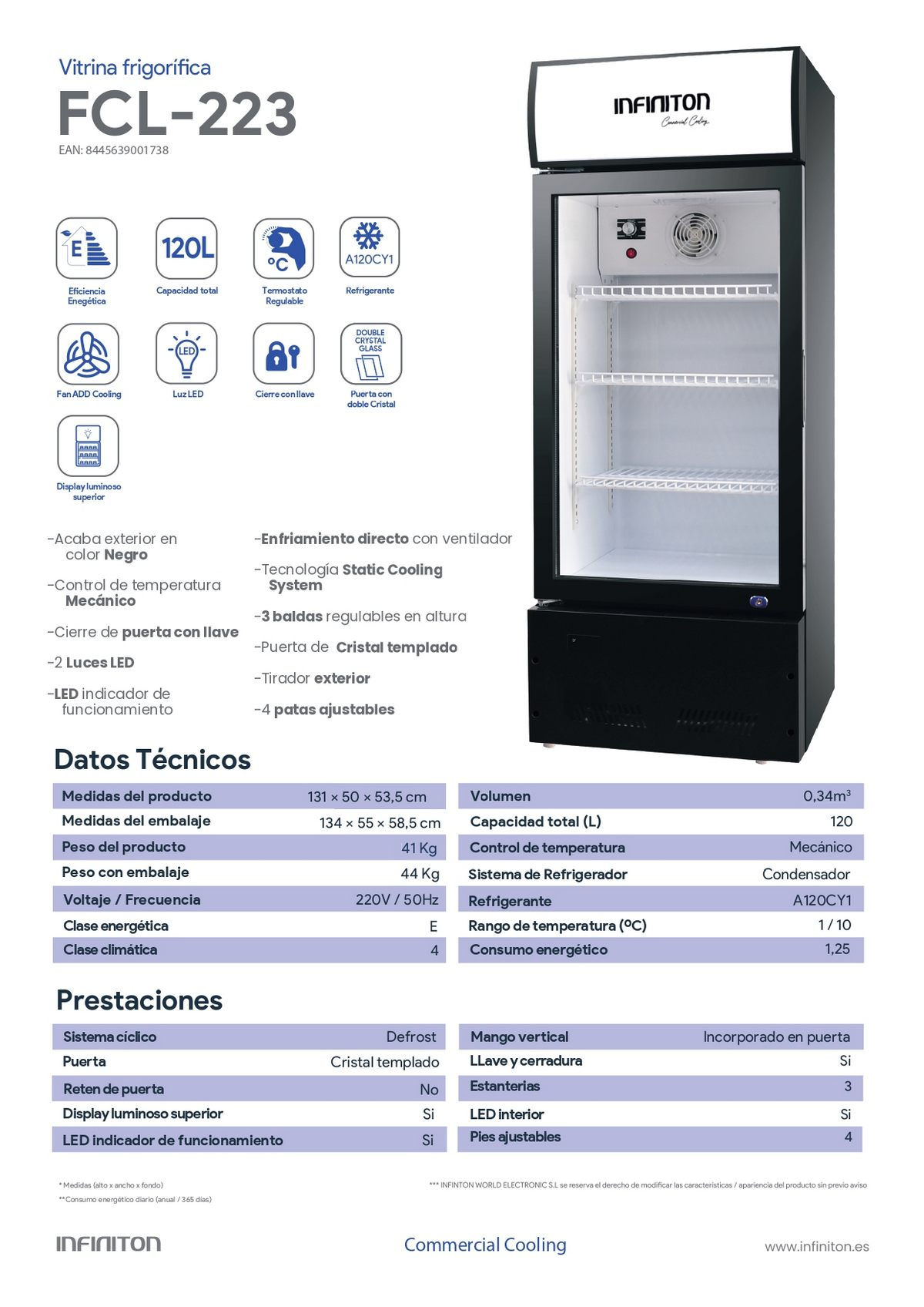 Refrigerador blanco con detalles técnicos e información de refrigeración comercial.