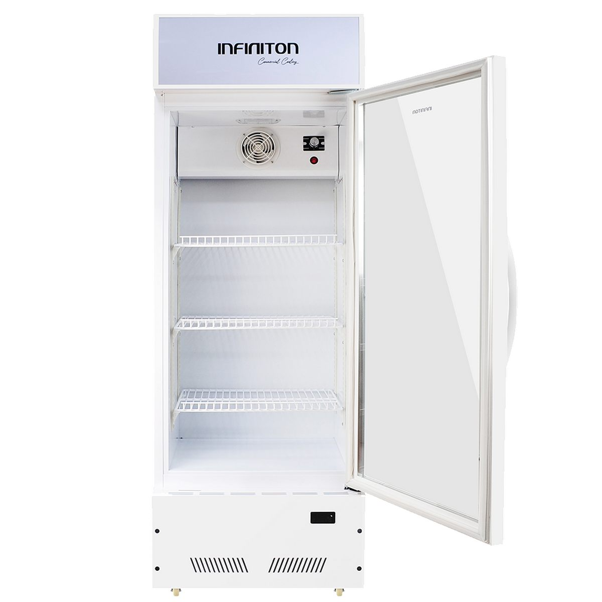 Refrigerador blanco con la puerta abierta. El interior tiene estantes.