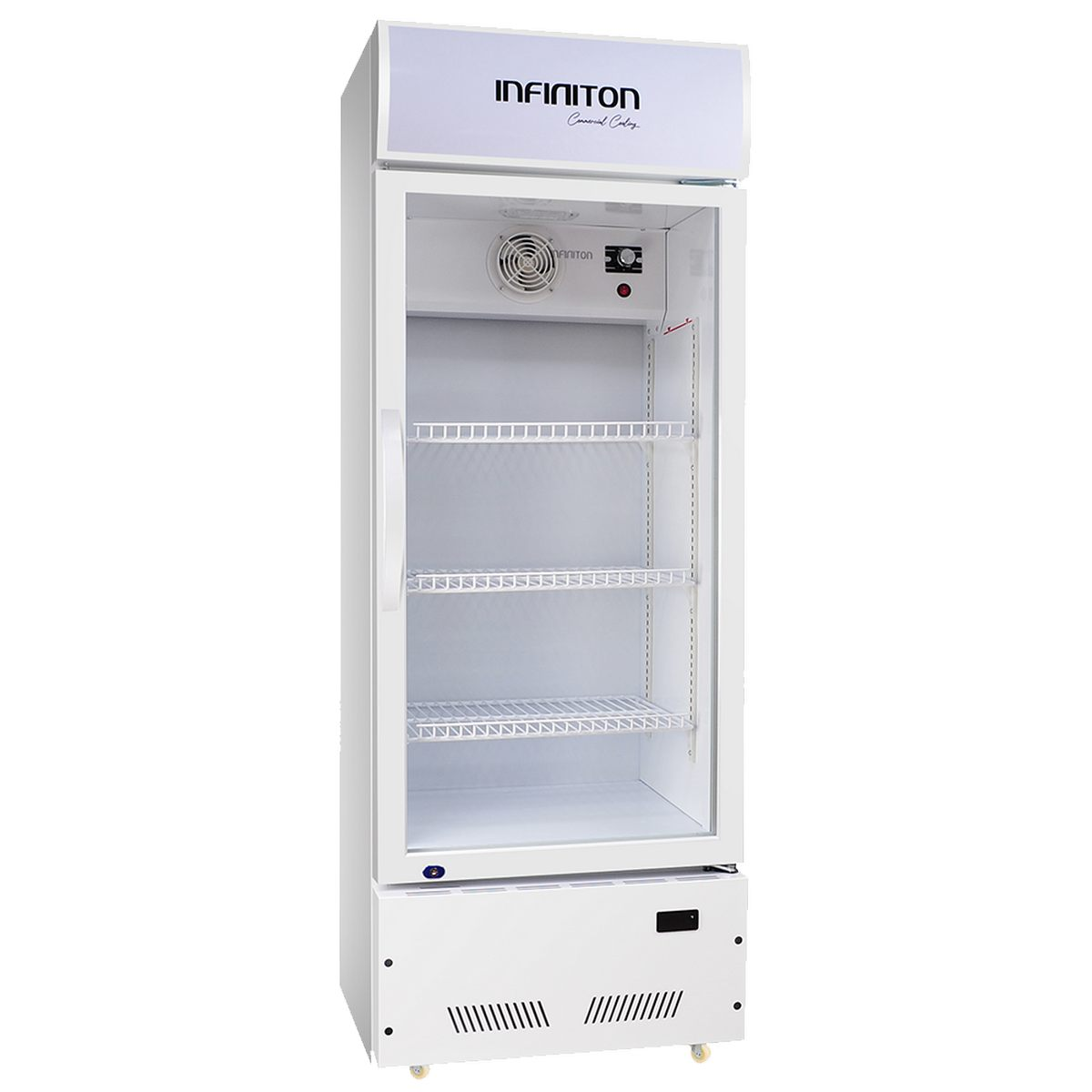 Un refrigerador INFINITON blanco con puerta de vidrio y estantes internos.