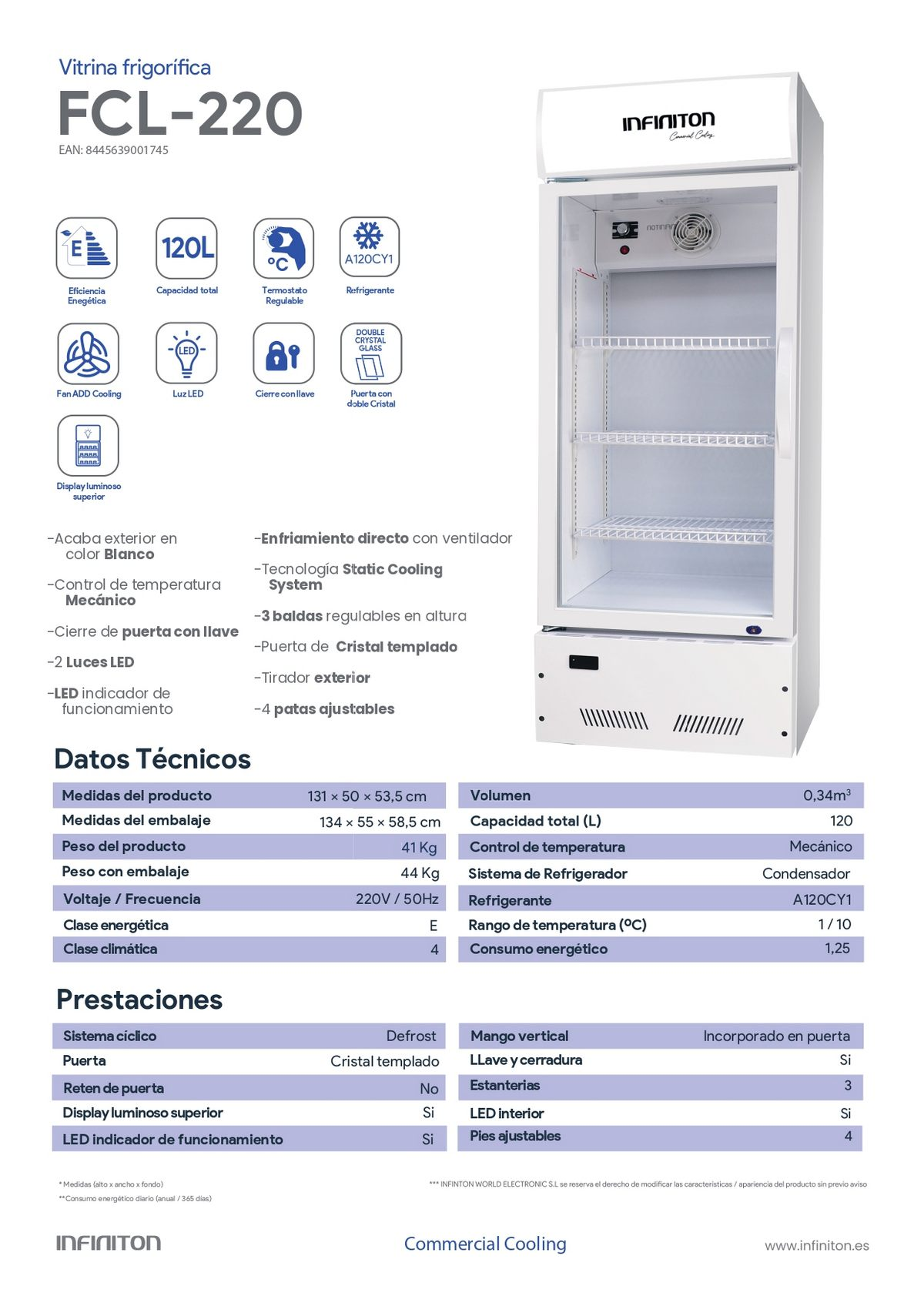 Refrigerador blanco con puerta de vidrio, información del producto y detalles.