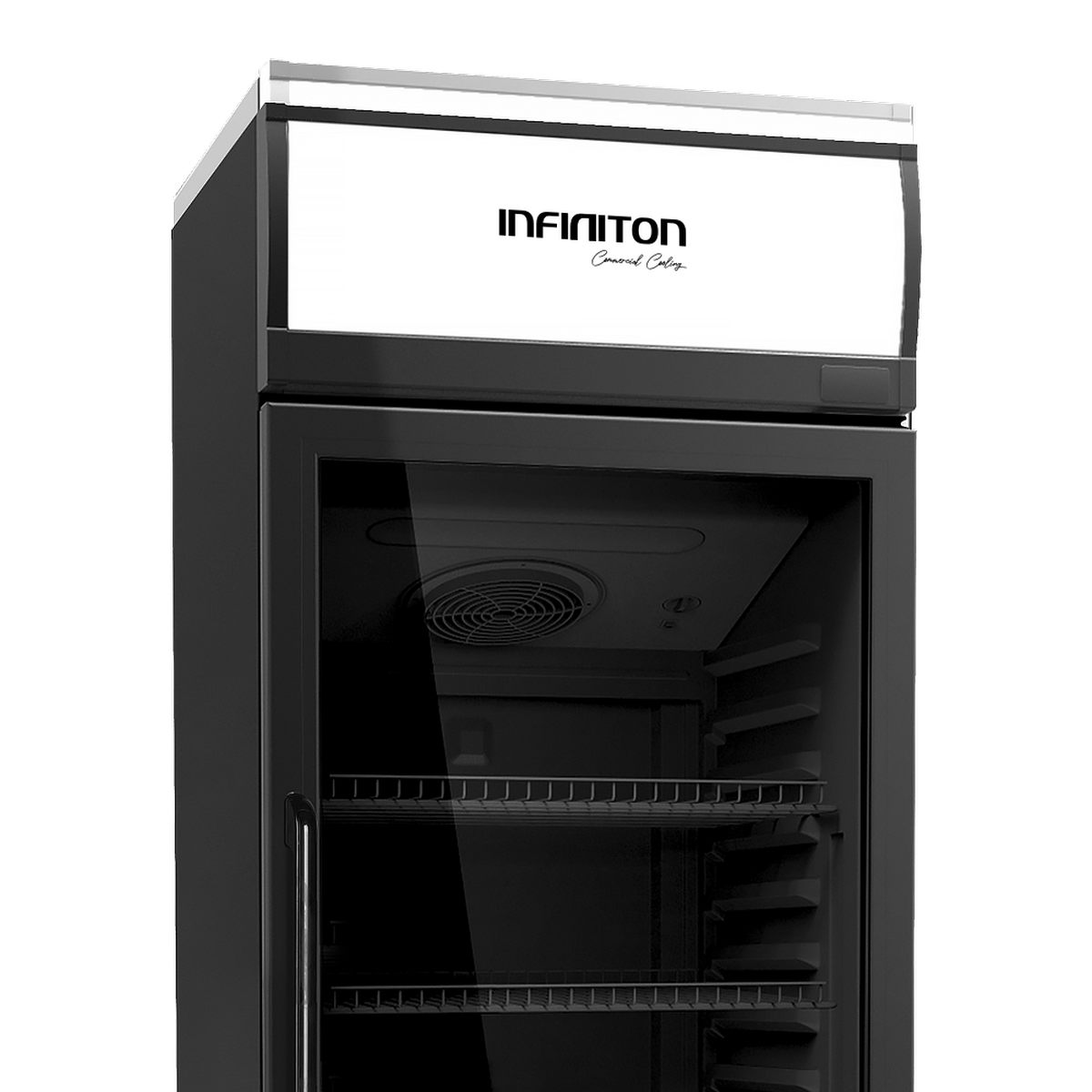 Refrigerador comercial negro con puerta de vidrio, estantes y logotipo de la marca.