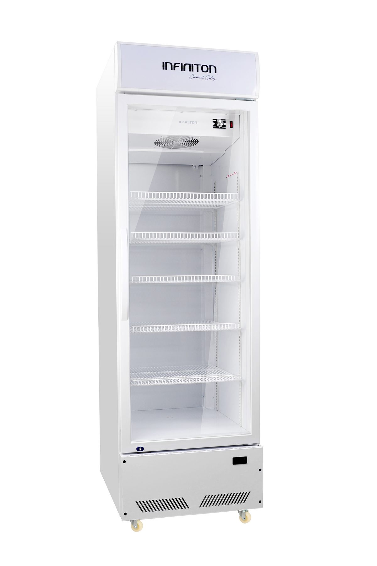 Un refrigerador INFINITON blanco alto con puerta de vidrio, mostrando estantes.