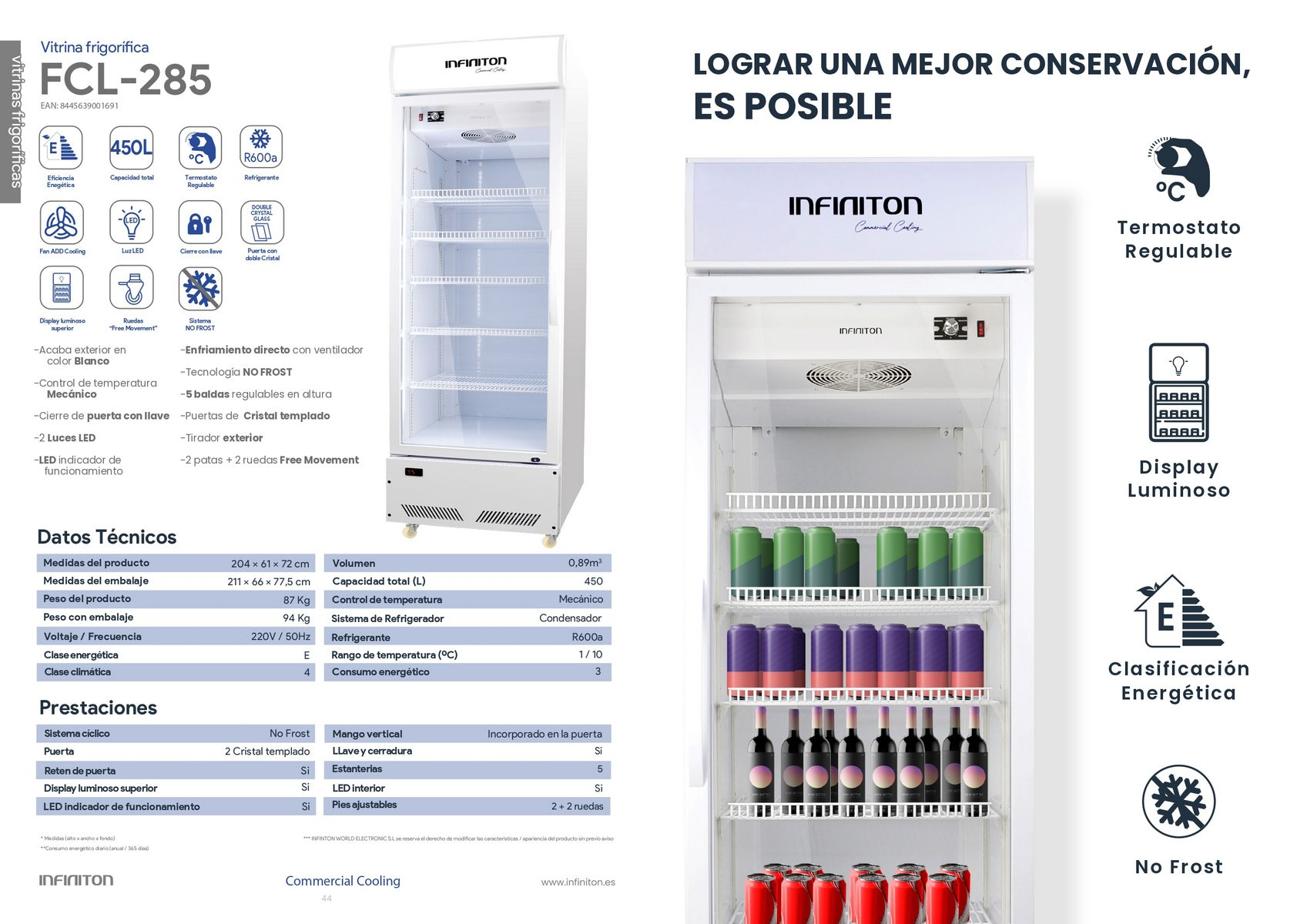 Un frigorífico blanco con puerta de cristal y mucho texto e iconos. La nevera tiene un montón de botellas de vino dentro.