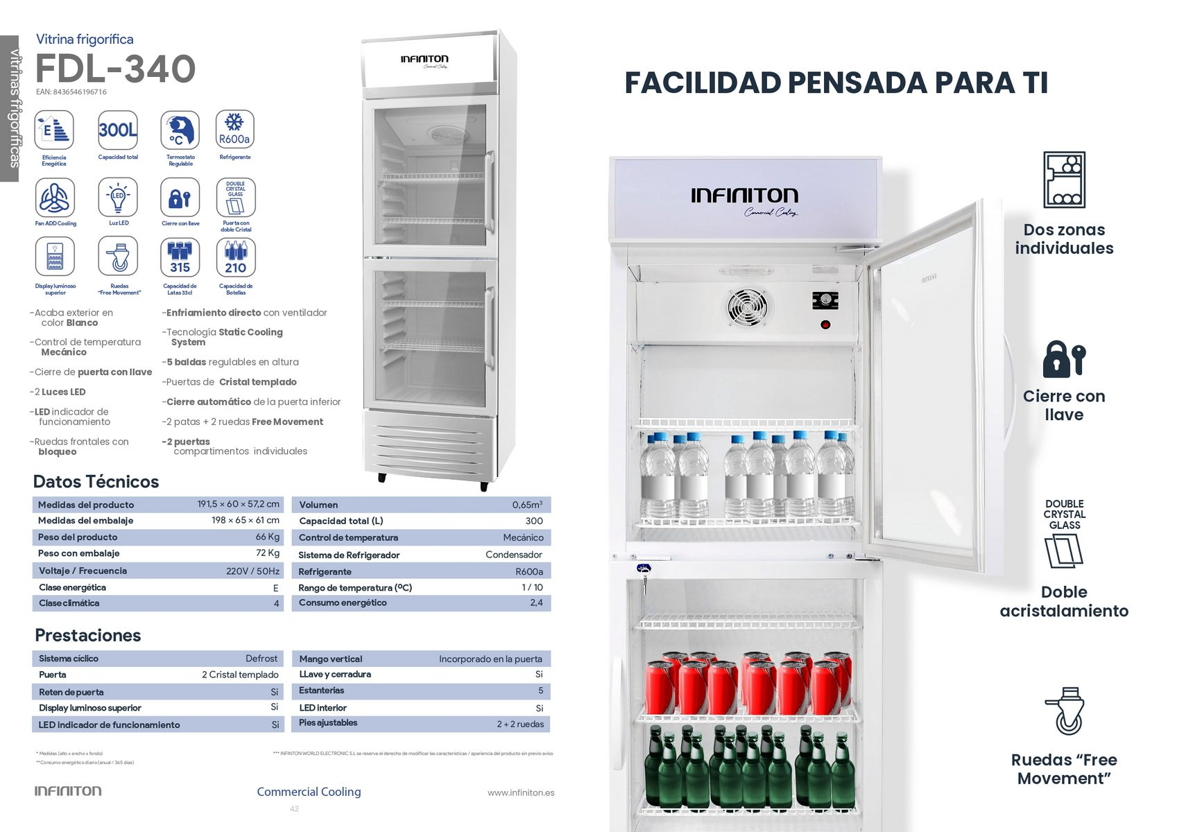 Refrigerador con puerta de cristal abierta. Muestra estantes, botellas y etiquetas de texto.