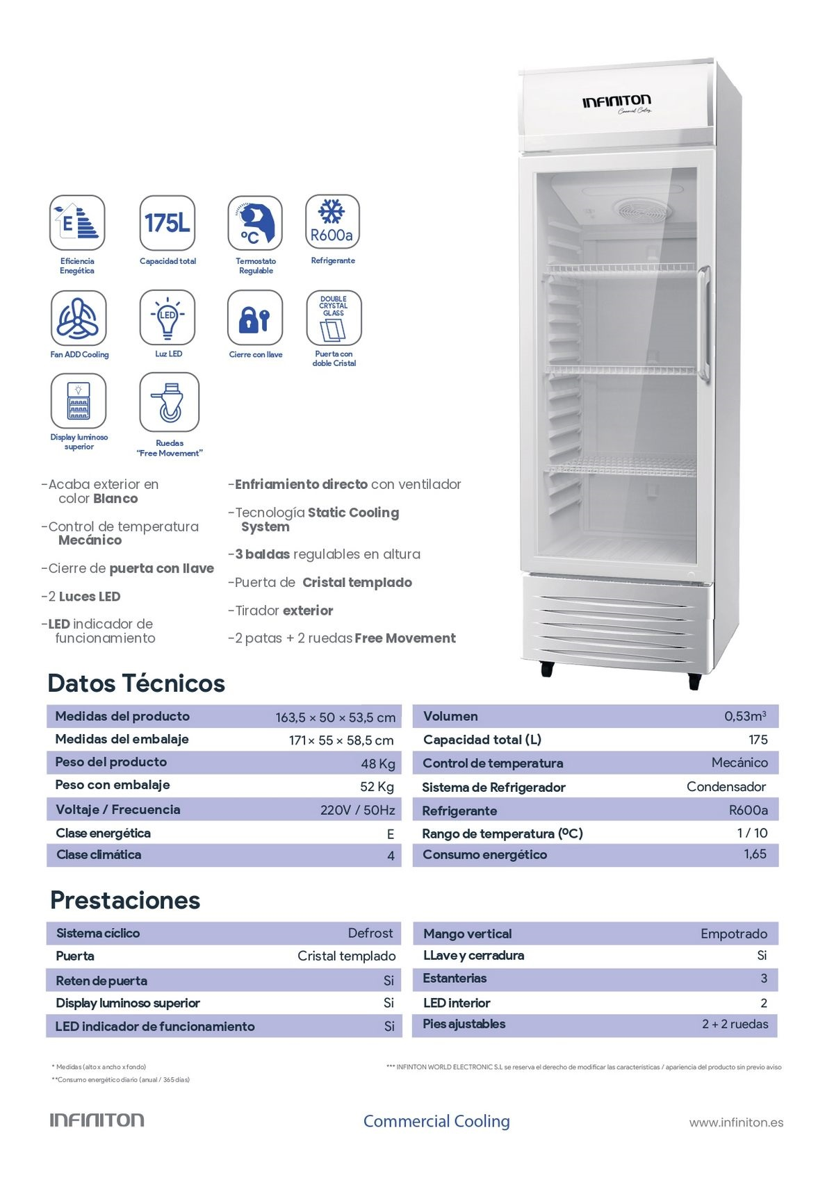 Refrigerador comercial alto blanco con puerta de vidrio, especificaciones y etiquetas.