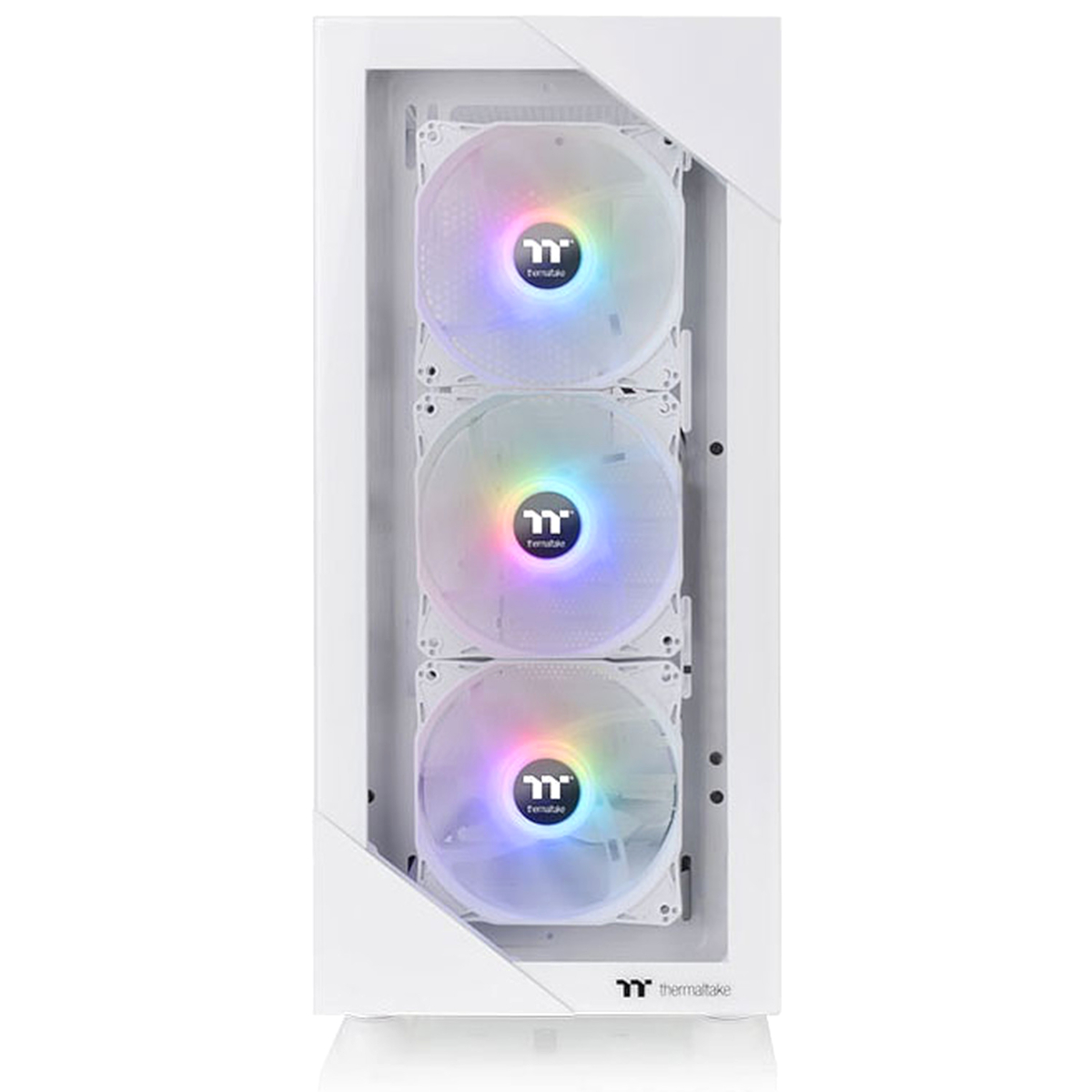 Una carcasa de computadora blanca con tres ventiladores. Los ventiladores tienen un espectro de colores arcoíris.