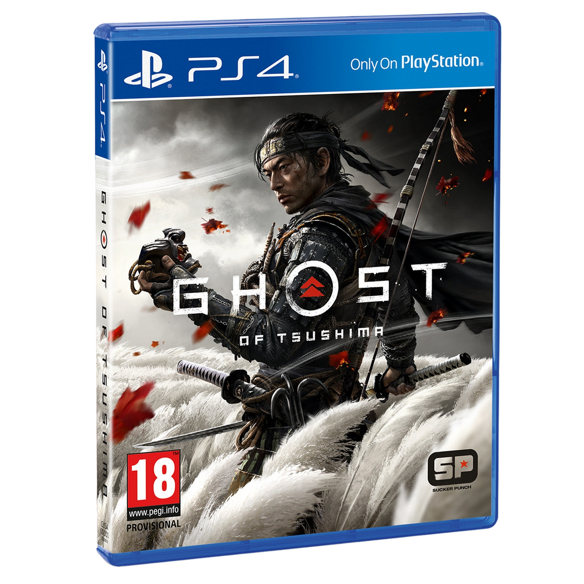 Scatola del gioco di Ghost of Tsushima, un uomo con una spada e un arco sulla copertina.