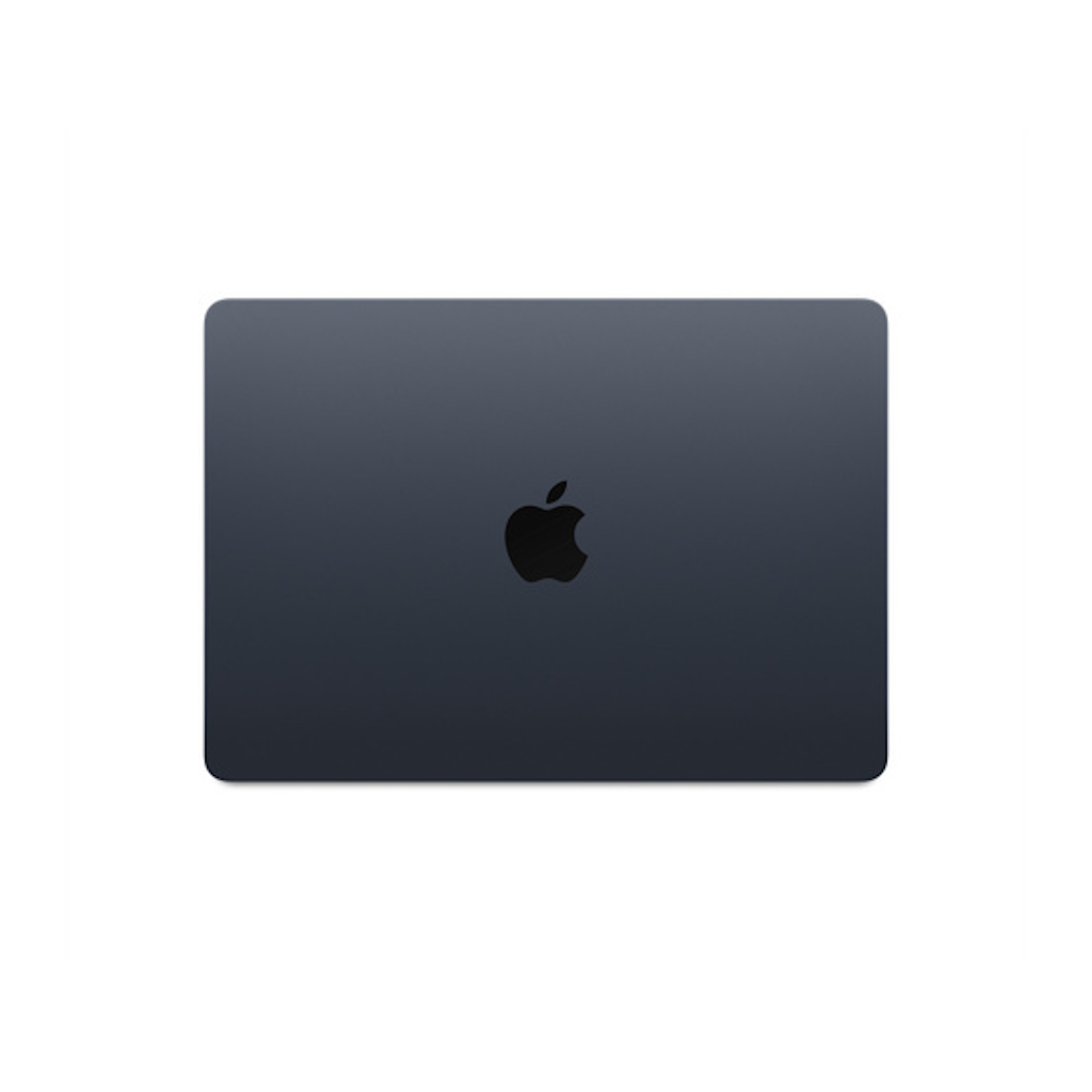 Laptop gris oscuro cerrado con logo Apple. Fondo blanco.