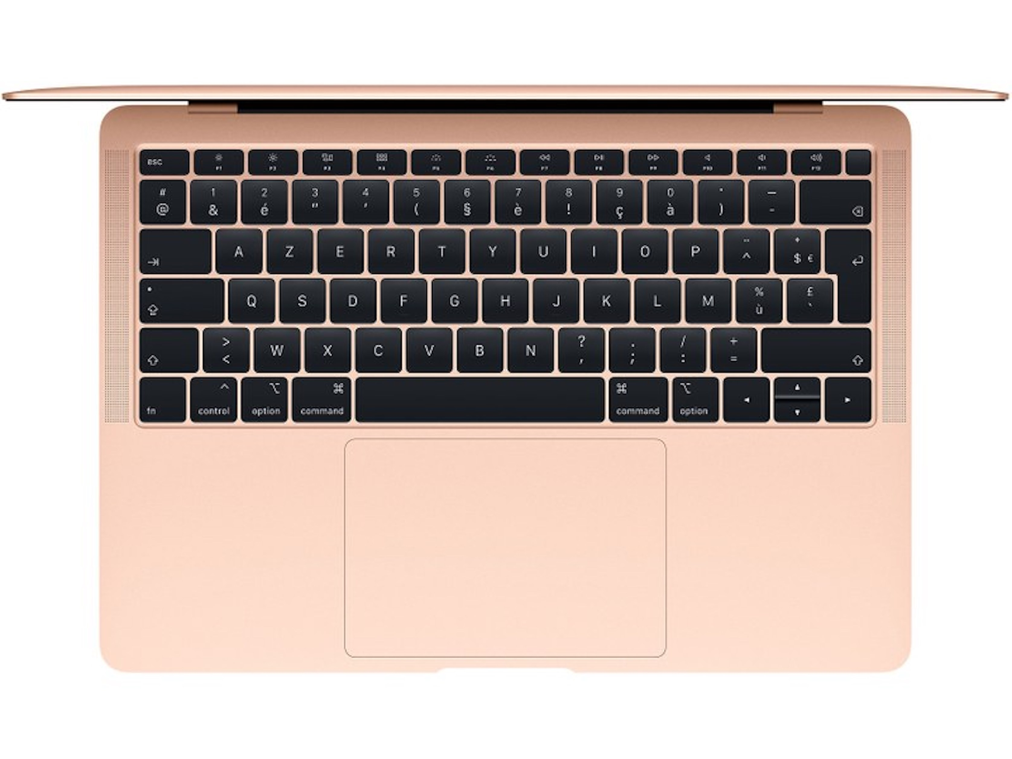 Eine roségoldene Laptop-Tastatur. Die Tastatur ist schwarz mit weißen Buchstaben. Der Laptop ist offen.