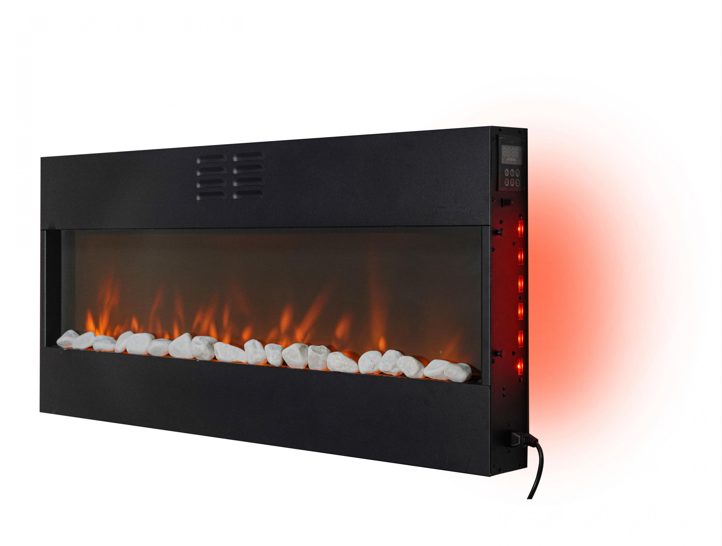 Chimenea eléctrica negra con piedras blancas y efecto de luz roja. Tiene panel de control.
