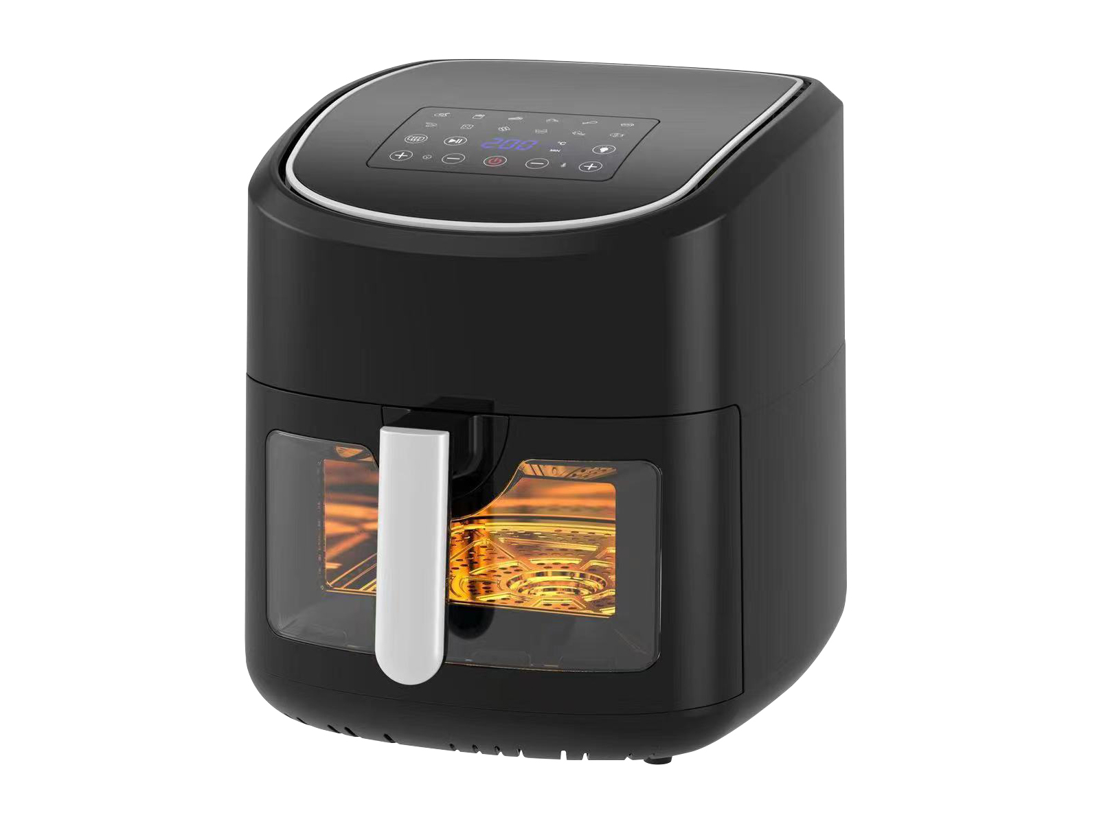 Czarna frytownica beztłuszczowa z cyfrowym wyświetlaczem i szklanym oknem.