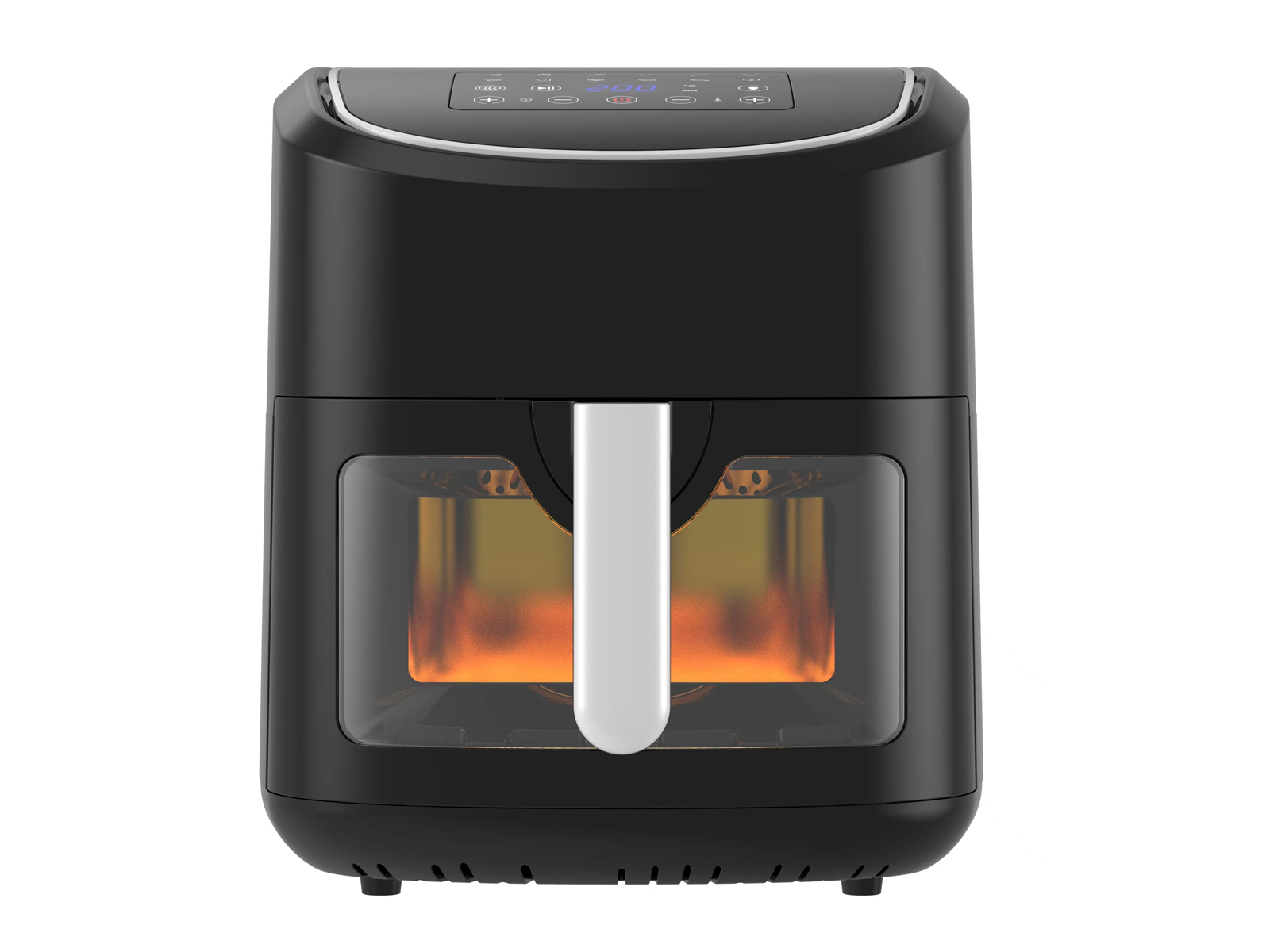 Czarna frytkownica powietrzna ze szklanym oknem pokazującym wnętrze. Z przodu uchwyt i wyświetlacz.